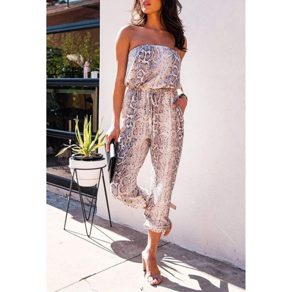 Snakeskin Print Strapless Pants Romper Jumpsuit